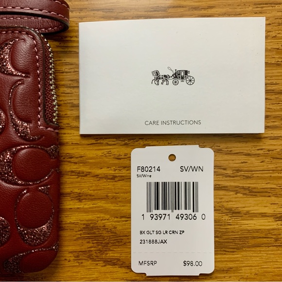 Coach Corner Zip Wristlet Wine Glitter Signature Leather - Picture 8 of 12